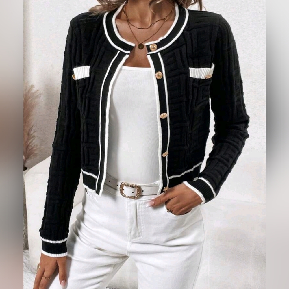 New Luxe Textured Knit Contrast Trim Button Cardigan Sweater Black White - Picture 4 of 6